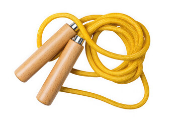 Yellow jump rope with wooden handles isolated on transparent background
