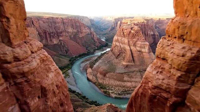 Colorado River flowing through a scenic red rock canyon landscape with rugged terrain and rocky cliffs
