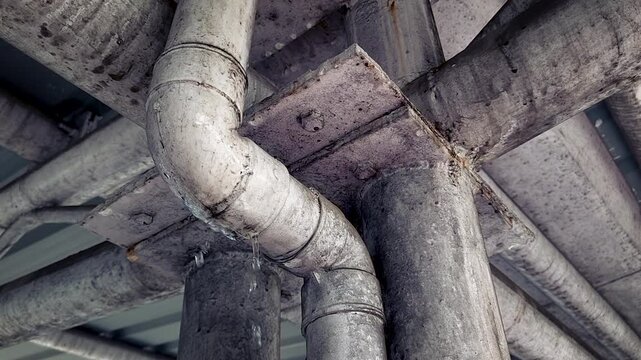 Industrial pipe joint under concrete structure showing leakage, corrosion and aging infrastructure, construction defect, maintenance issue, urban engineering and water management concept