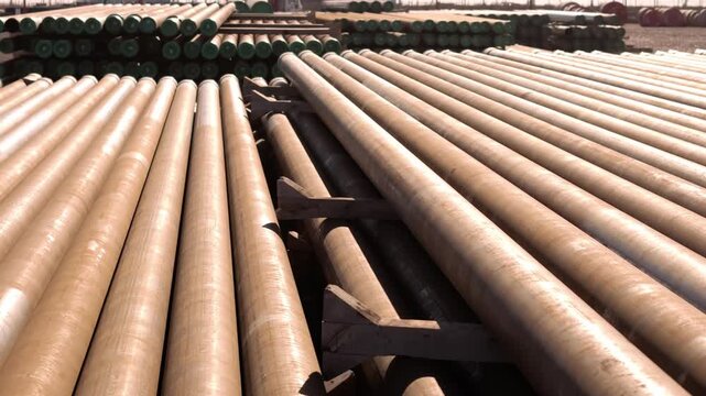 Sunny day at steel pipe yard, industry scene with organized order