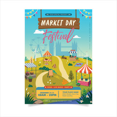 Market Festival Scene Colorful Modern Flat Design Illustration with Local Booths