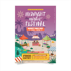 Colorful Local Night Bazaar Scene with Local Booths Diverse Stalls in Modern Flat Design Illustration