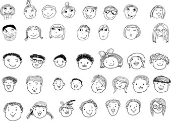Happy kids doodle set, cute children characters in various activities, hand drawn stick figures collection, diverse faces and emotions vector illustration.