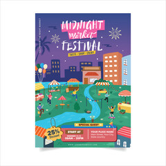 Colorful Modern Flat Design Illustration of an Authentic Night Market Festival