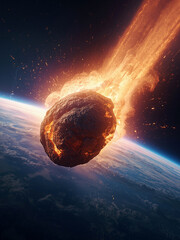 Colossal meteorite, its surface etched with rugged texture, enters Earth's atmosphere, engulfed in fiery blaze of orange and yellow flames