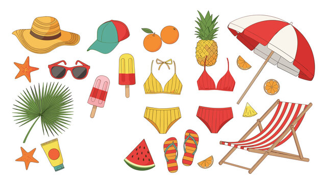 Comprehensive set of summer and beach essentials including swimwear, sun accessories, tropical fruits, and a lounge chair.