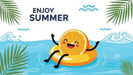 Cute orange slice character floating on a yellow ring in the sea with palm leaves for summer vacation mood.