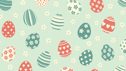 Easter pattern with decorated colorful eggs and small white flowers on a soft light blue background for spring.