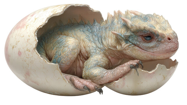 Realistic baby dragon curled inside an egg background isolated on a Transparent background, PNG file.