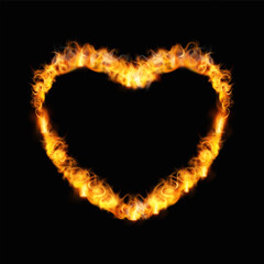 Fire burning ring heart shape on black background, realistic flaming love symbol frame fiery heart with tongues of flame