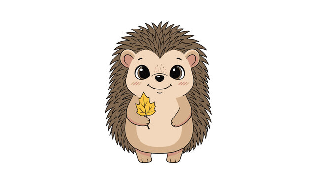 Adorable hedgehog character standing and holding a yellow autumn maple leaf with a happy expression on a white background.