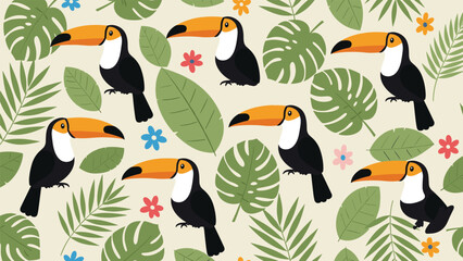 Obraz premium Tropical seamless pattern with colorful toucan birds sitting among exotic green leaves and small flowers on beige.