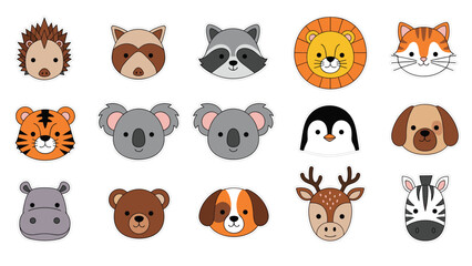 Collection of cute animal face stickers including a hedgehog, lion, cat, tiger, koala, penguin, hippo, and more on white.
