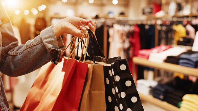 Person holding colorful shopping bags in a store with clothing racks