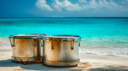Naklejka premium Caribbean steel drums on a sandy beach with a turquoise ocean in the background, tropical musical instruments