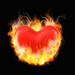 Fire burning red heart on black background, realistic flaming love symbol, fiery volume 3d heart with tongues of flame