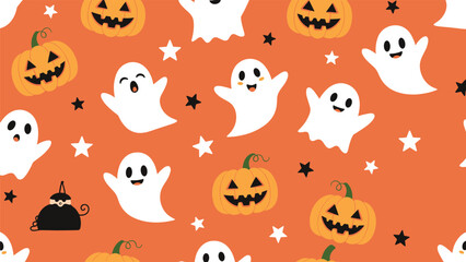 Seamless Halloween pattern with cute ghosts carved pumpkins and black stars on a bright orange background for holiday decor.