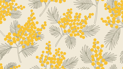 Seamless floral pattern of yellow mimosa blossoms and delicate grey leaf outlines on a soft beige background for stationary.