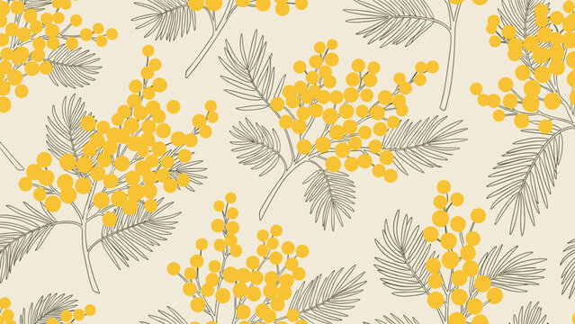 Seamless floral pattern of yellow mimosa blossoms and delicate grey leaf outlines on a soft beige background for stationary.
