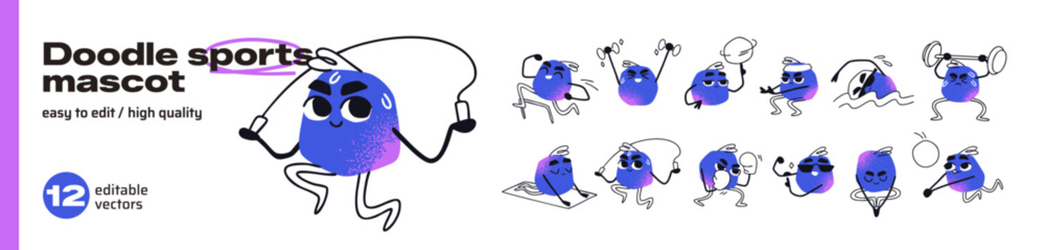 Sports mascot doodle set. Abstract cute character is training. Funny athlete does physical exercises, lift weights, jogging, skipping rope and swimming. Flat isolated vector illustrations on white