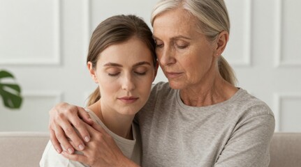 Fototapeta premium Tender Moment: A Senior Woman Comforts Her Adult Daughter with Love and Support Indoors