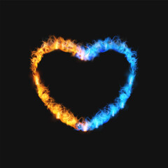 Fire burning ring heart shape with tongues of flame blue and orange colors, realistic fiery love symbol, heart frame