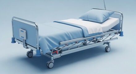 A digitally rendered hospital bed with a white and blue color scheme