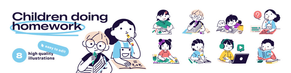 Doodle set of cute kids doing homework. School students are learning with textbooks. Children study, read books, write and paint at the desk. Flat isolated vector illustrations on white background