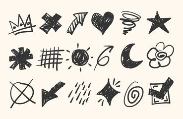 Obraz premium Hand drawn pencil doodles, scribbles and note elements. Hand drawn pen doodle vector design. Abstract drawing, naive emphasis elements. Funky pen scribbles notebook ornaments.
