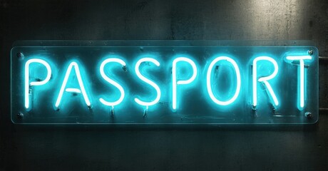 Bright neon sign spells PASSPORT. Dark background emphasizes glowing blue light. Simple, direct message. Modern aesthetic.