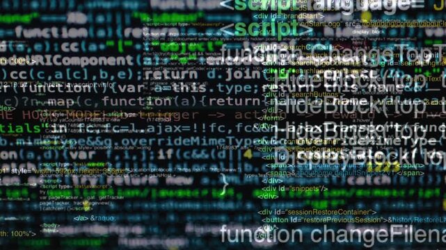 Glowing programming code displays on a dark digital screen, representing advanced technology and software development.
