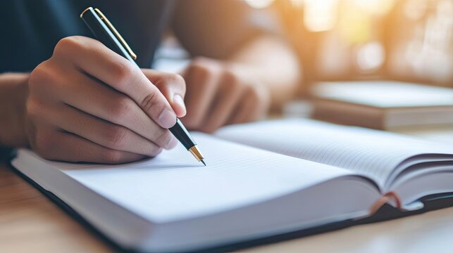 Closeup hands writing student study notes in open notebook, warm sunlight on desk and pages focused atmosphere with textbook and laptop blurred in background, concentration and productivity
