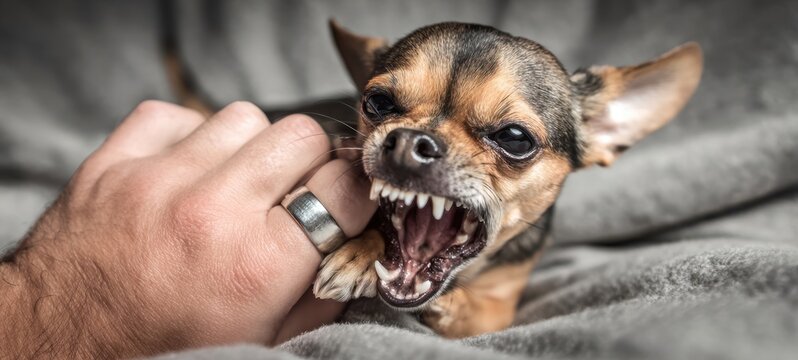 The Chihuahua snarling and baring sharp teeth at a human hand on blanket