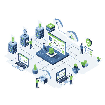 Isometric illustration of a networked computer system with multiple devices and users interacting with data analytics.