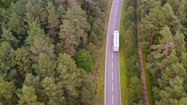 Aerial view of the modern silver show truck on a country road near L&uuml;neburg. It travels through a dense coniferous forest, with vibrant green needles contrasting against the dark asphalt.