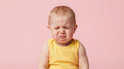 Naklejka premium Crying Baby Portrait: Displeased Toddler Boy in Yellow Outfit Expressing Negative Emotions on Pink Background