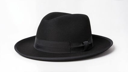 Black felt fedora hat isolated on white background