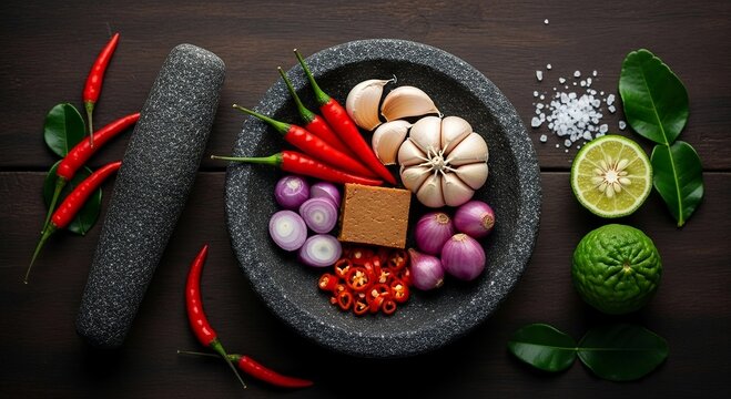Fresh Sambal Ingredients and Spices on Dark Wood Table