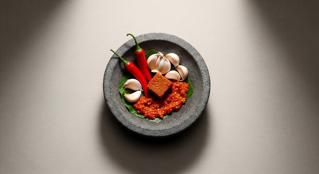 Traditional Stone Mortar with Fresh Red Sambal Chili Paste