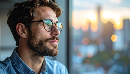 Thoughtful businessman with glasses looking out window at city skyline at sunset.