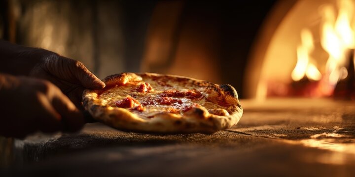 The pizza being slid into a wood-fired oven by a chef's hands
