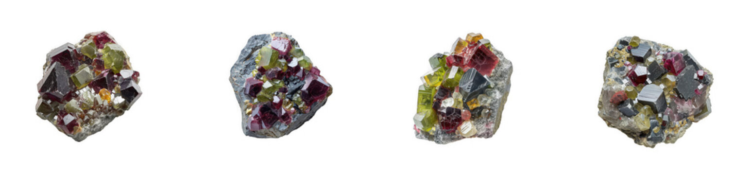 Cluster of Garnet and Yellow Sphalerite Crystals in Rock Matrix isolated on transparent background