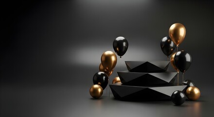 Obraz premium Black and gold balloons and geometric shapes on a dark background for event.
