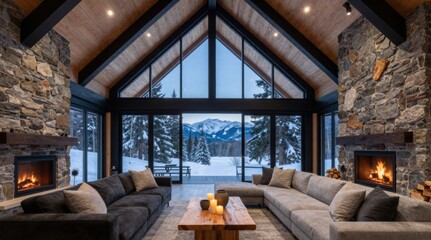 Naklejka premium Luxurious Mountain Home Interior with Fireplaces, Vaulted Ceiling, and Snowy Landscape Views