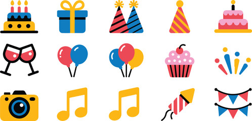 Fototapeta premium Birthday and Party Celebration Line Art Icon Set with Cake Gifts and Balloons