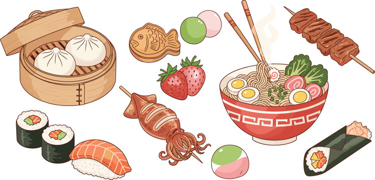 Asian food icon set with ramen, sushi, dumplings and street snacks in flat vector style for Japanese cuisine and restaurant design