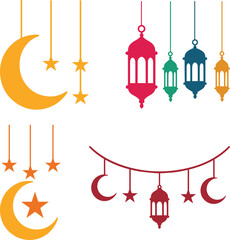 Islamic Eid Ramadan hanging lantern moon and star decoration vector set bundle