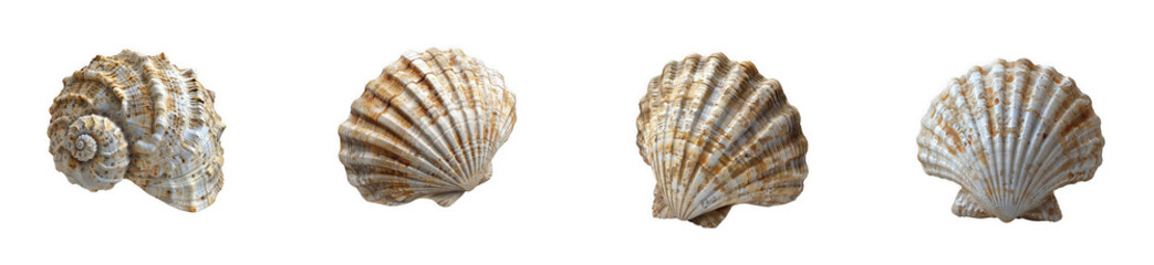 Set of four natural seashells with textured surfaces, isolated on a white background. isolated on transparent background