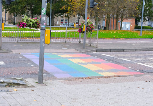Rainbow Pedestrian Crossing and Pride Colors on Street in Derry Northern Ireland