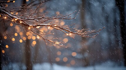 Snowy Winter Branches With Warm String Lights